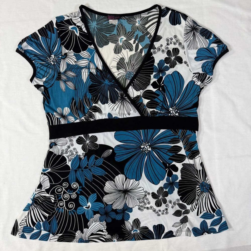 Agenda Blue Black Floral Top Wrap Tie Back Y2K Short Sleeve Coquette Size XL